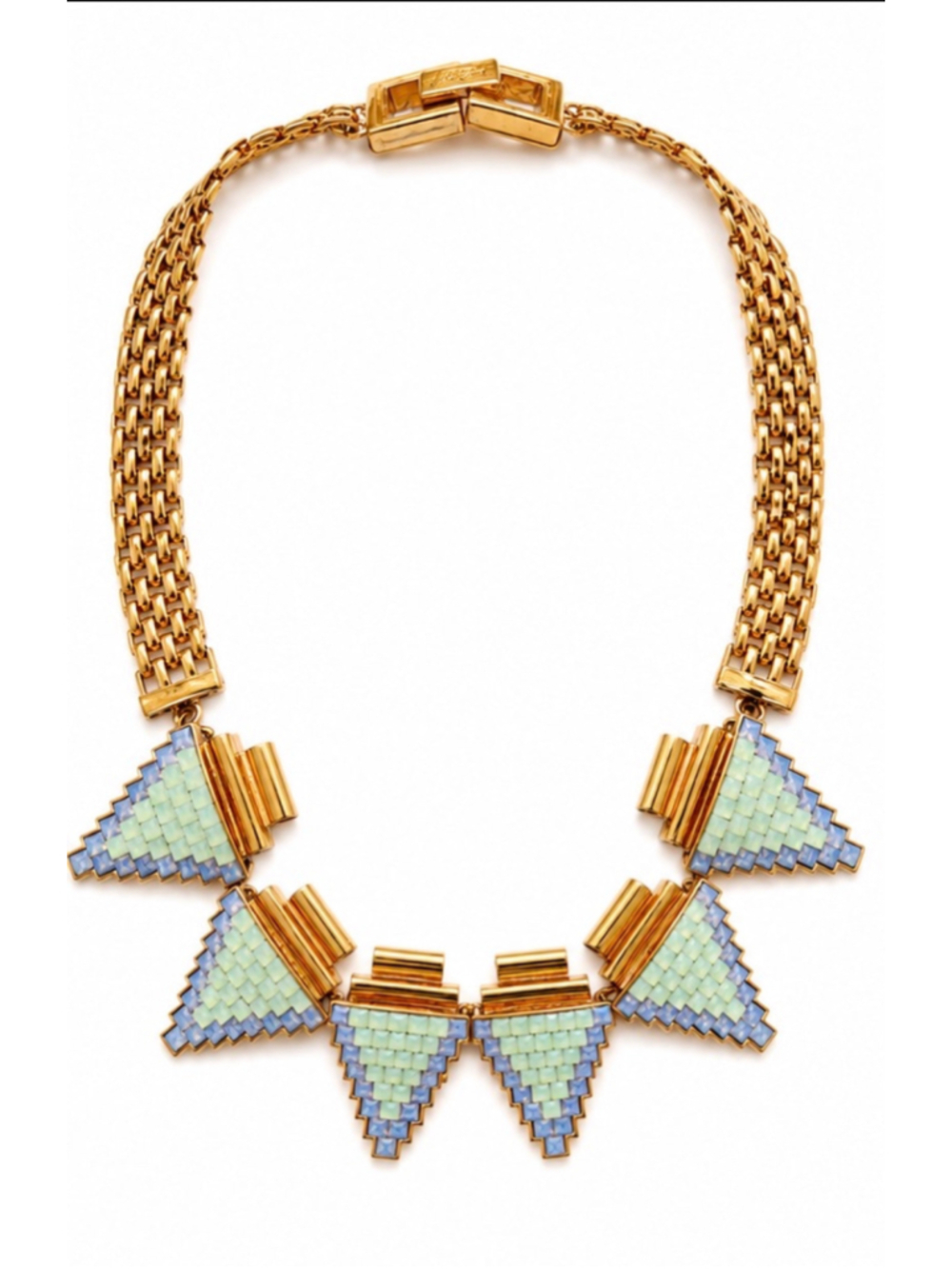 MAWI London Gold Tone Blue Aqua Crystal Geometric Bib Necklace New! Swarovski